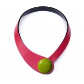 Collier cuir rose fuchsia et céramique vert