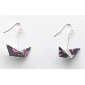 Boucles d'oreille papier Origami Bateau Rose gris f.