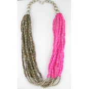 Collier long bronze et fuchsia