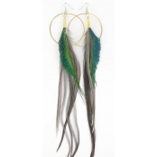 Boucles d\'oreille plume gd anneau 30 cm bleu vert