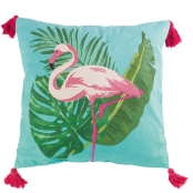 Coussin Pompons 40 cm Flamant Rose Tropic Life Bleu